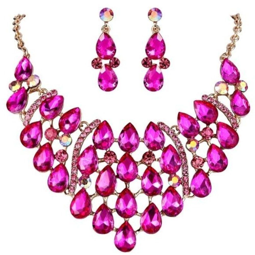 Yellow Gold & Pink Sapphire Austrian Crystal Teardrop Necklace and Earrings Set
